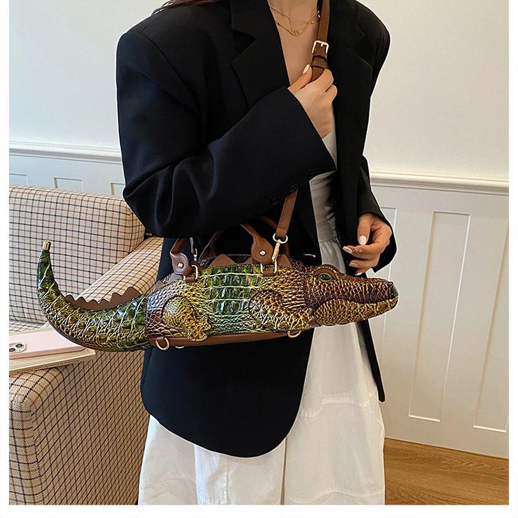 Realistic Alligator Novelty Handbag Glossy Croc Print PU Multi Carry Design Unique Animal Crossbody Bag Street Party & Cosplay