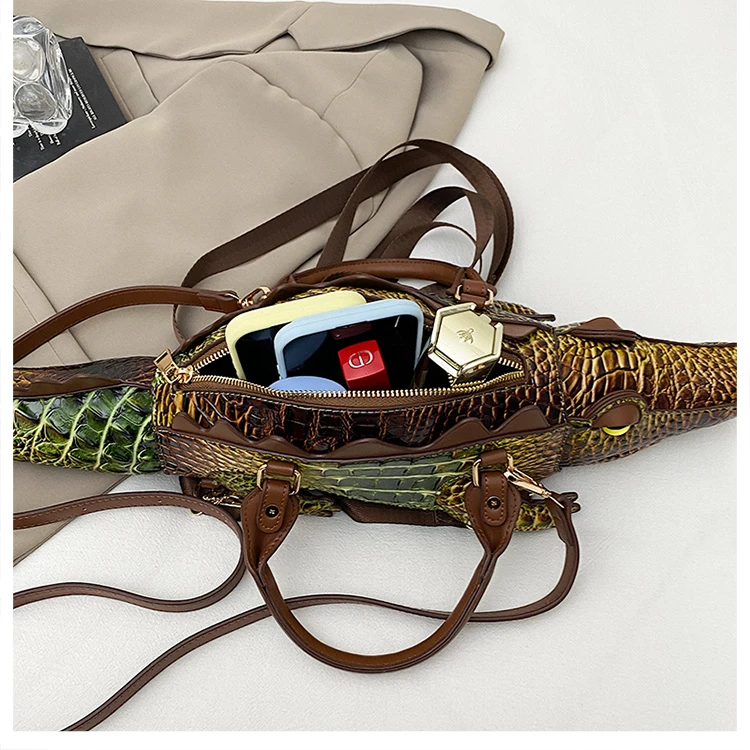 Realistic Alligator Novelty Handbag Glossy Croc Print PU Multi Carry Design Unique Animal Crossbody Bag Street Party & Cosplay