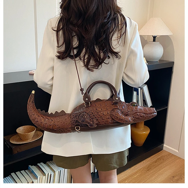 Realistic Alligator Novelty Handbag Glossy Croc Print PU Multi Carry Design Unique Animal Crossbody Bag Street Party & Cosplay