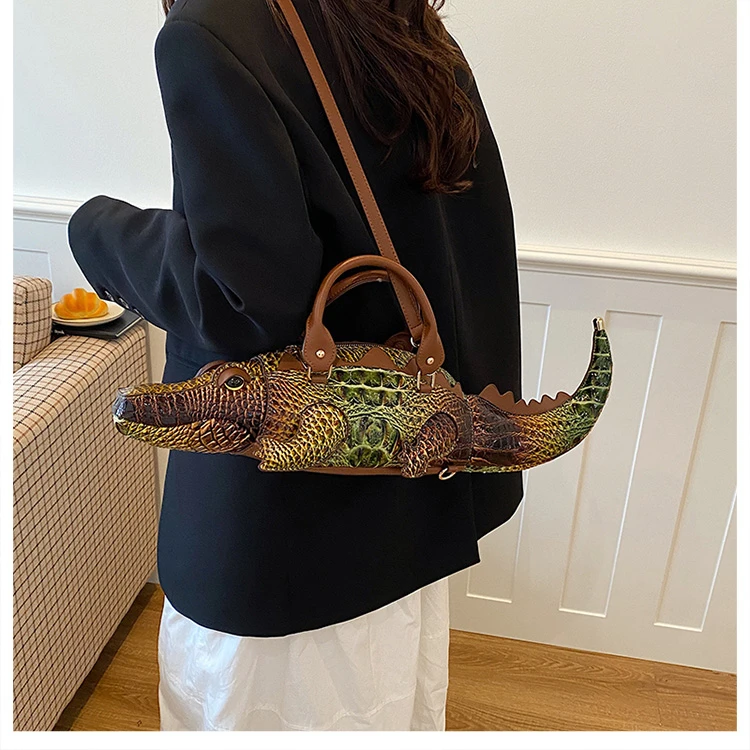 Realistic Alligator Novelty Handbag Glossy Croc Print PU Multi Carry Design Unique Animal Crossbody Bag Street Party & Cosplay