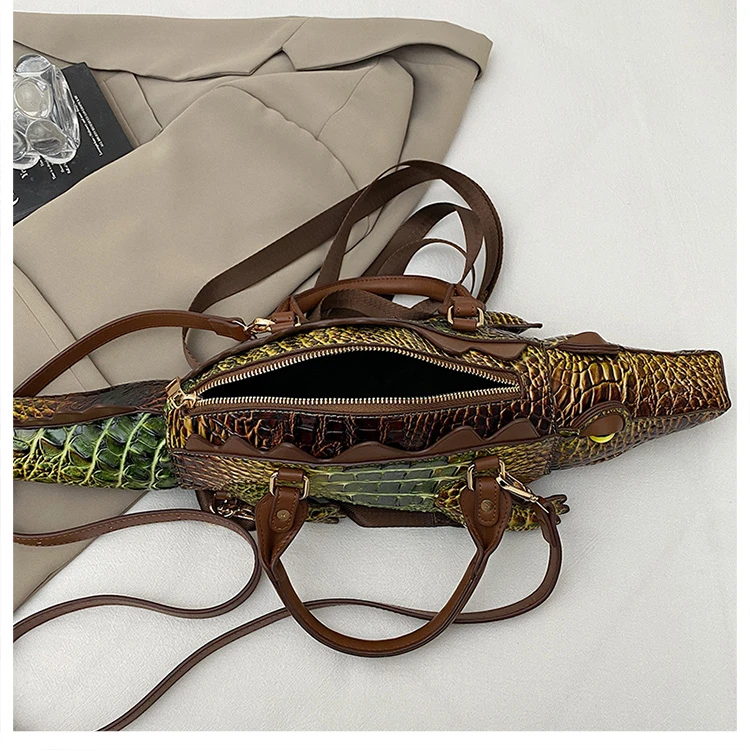 Realistic Alligator Novelty Handbag Glossy Croc Print PU Multi Carry Design Unique Animal Crossbody Bag Street Party & Cosplay