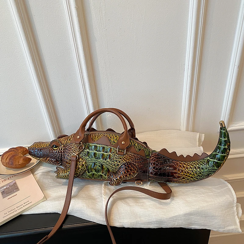 Realistic Alligator Novelty Handbag Glossy Croc Print PU Multi Carry Design Unique Animal Crossbody Bag Street Party & Cosplay