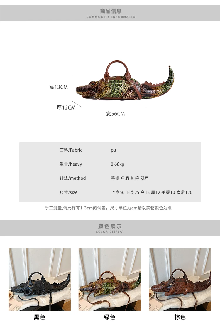 Realistic Alligator Novelty Handbag Glossy Croc Print PU Multi Carry Design Unique Animal Crossbody Bag Street Party & Cosplay
