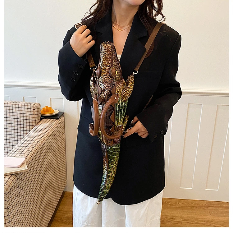 Realistic Alligator Novelty Handbag Glossy Croc Print PU Multi Carry Design Unique Animal Crossbody Bag Street Party & Cosplay