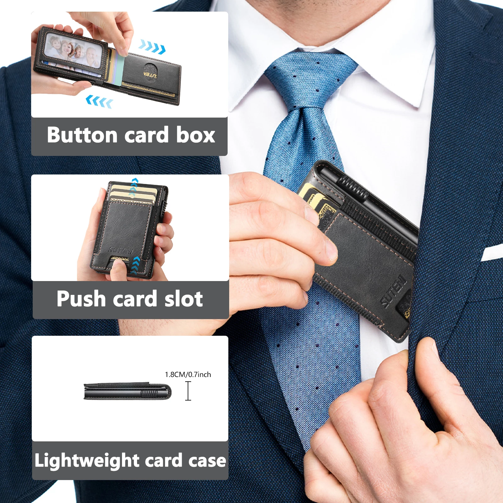 SUTENI Faux Leather For Men Wallet Card Slot Wallet Flip Cover Card Box Pressing The Button Automatically Ejects The Card