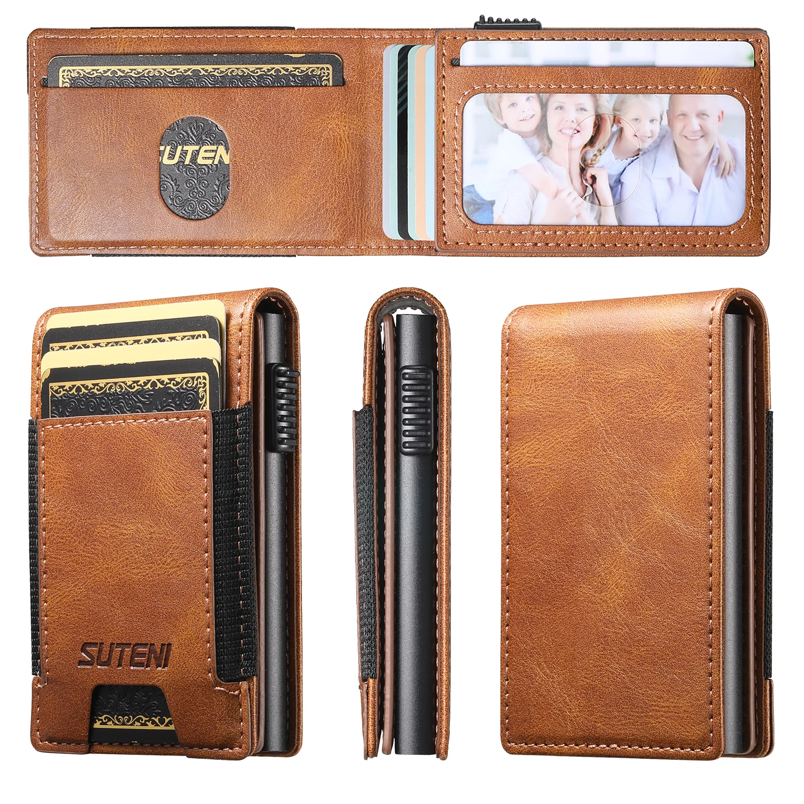 SUTENI Faux Leather For Men Wallet Card Slot Wallet Flip Cover Card Box Pressing The Button Automatically Ejects The Card