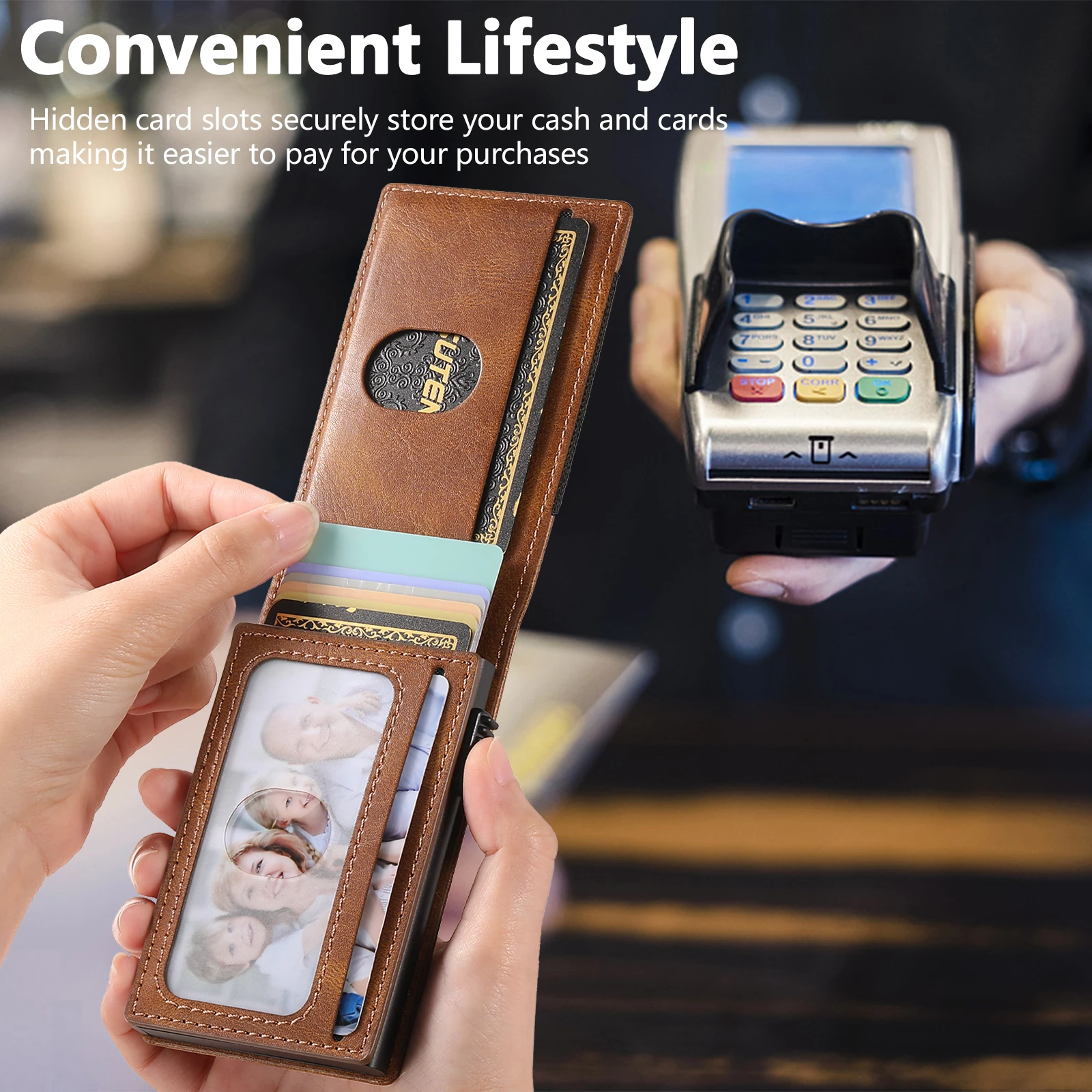 SUTENI Faux Leather For Men Wallet Card Slot Wallet Flip Cover Card Box Pressing The Button Automatically Ejects The Card