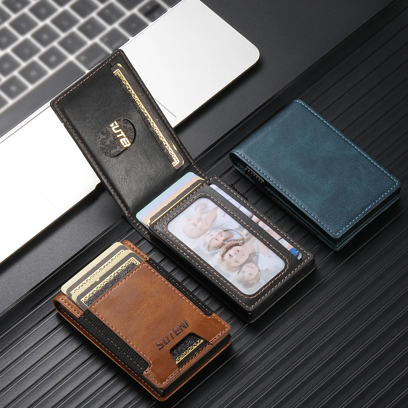SUTENI Faux Leather For Men Wallet Card Slot Wallet Flip Cover Card Box Pressing The Button Automatically Ejects The Card