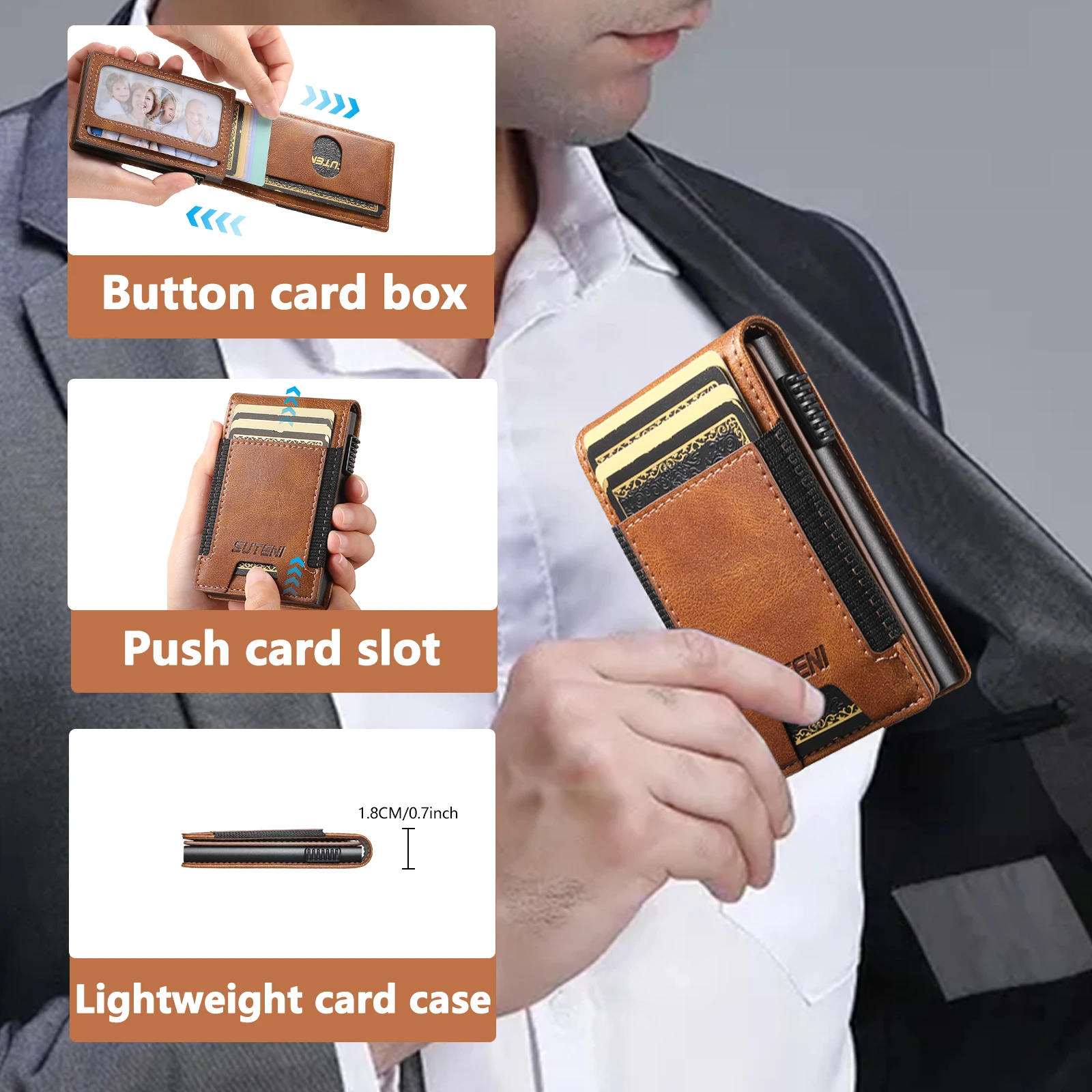 SUTENI Faux Leather For Men Wallet Card Slot Wallet Flip Cover Card Box Pressing The Button Automatically Ejects The Card