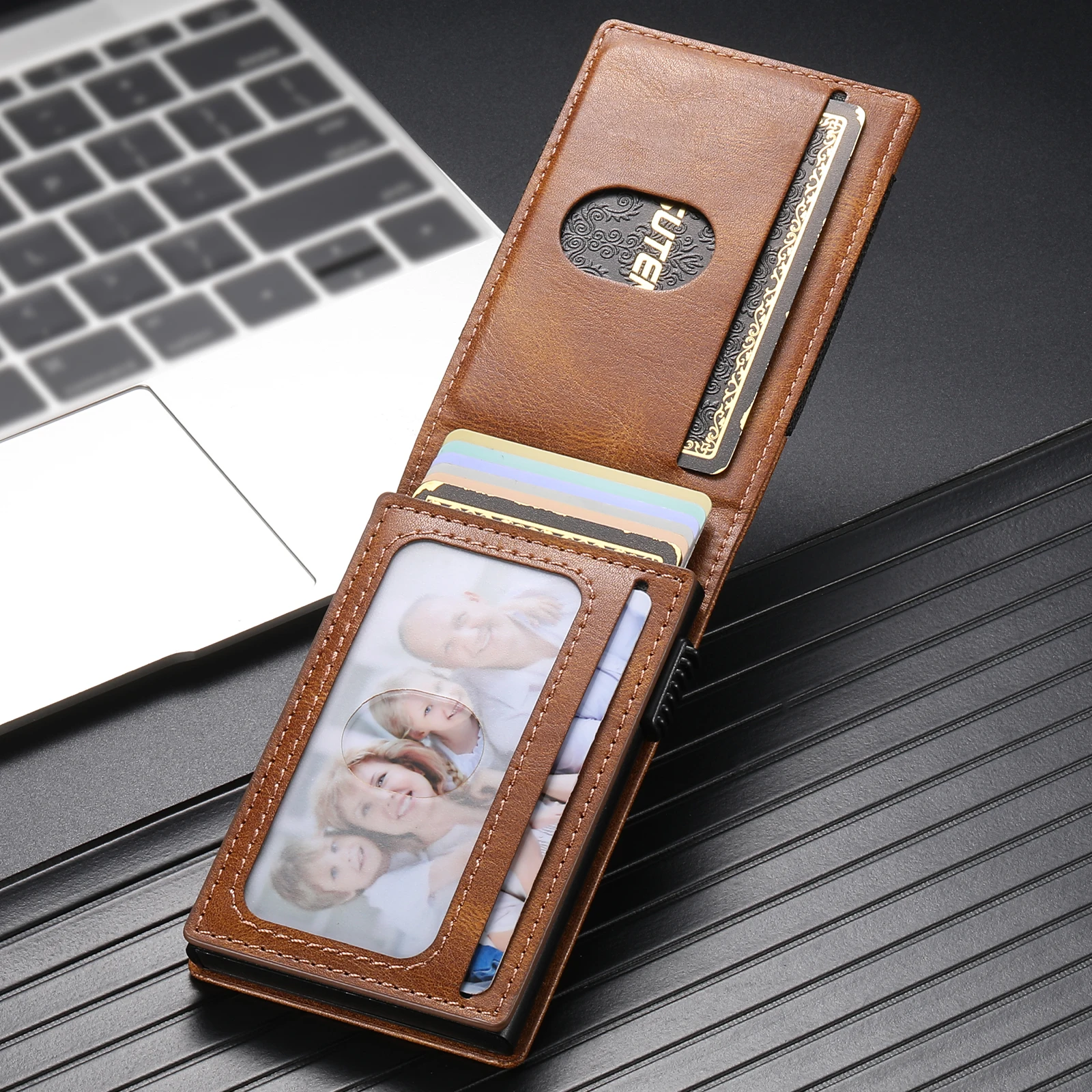 SUTENI Faux Leather For Men Wallet Card Slot Wallet Flip Cover Card Box Pressing The Button Automatically Ejects The Card