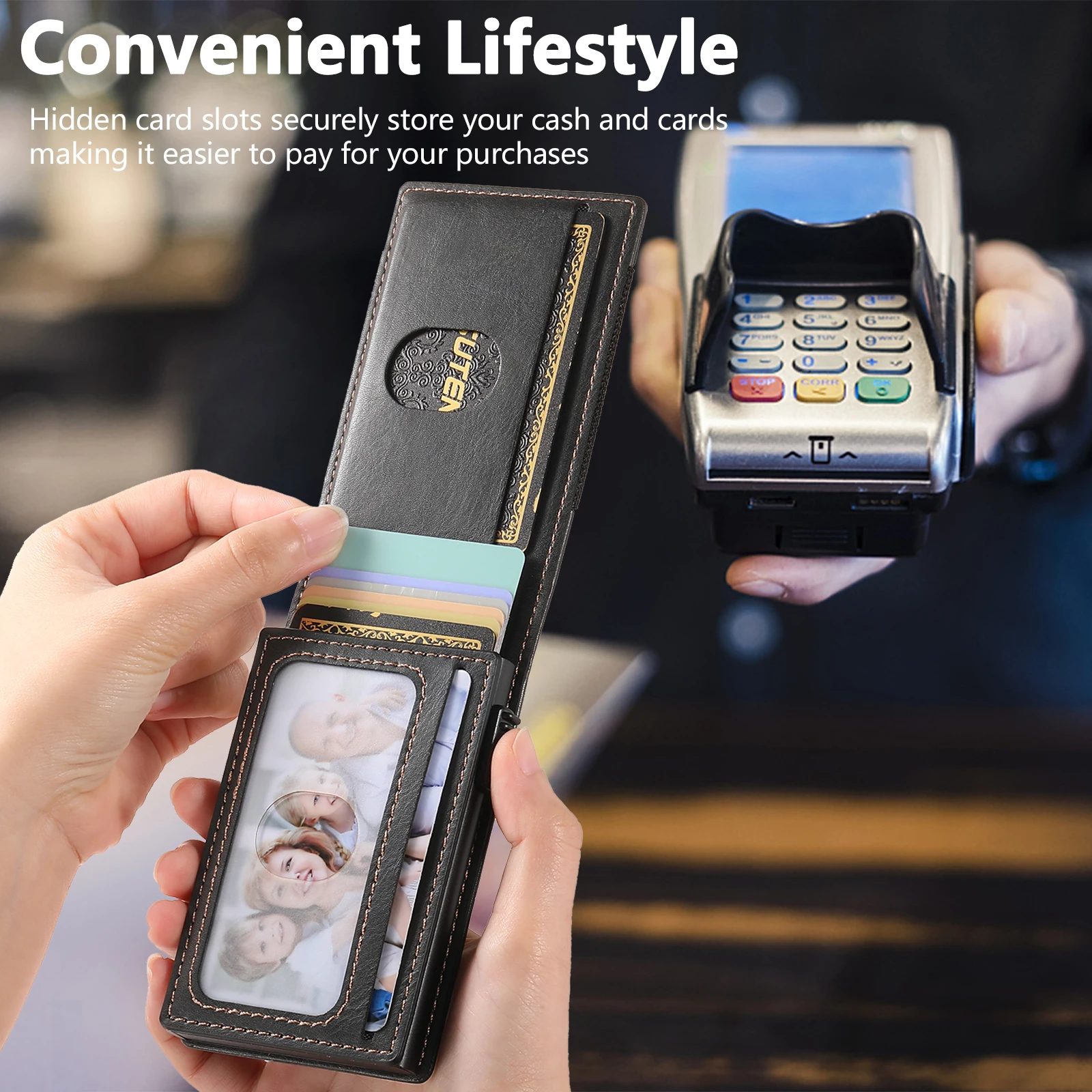 SUTENI Faux Leather For Men Wallet Card Slot Wallet Flip Cover Card Box Pressing The Button Automatically Ejects The Card