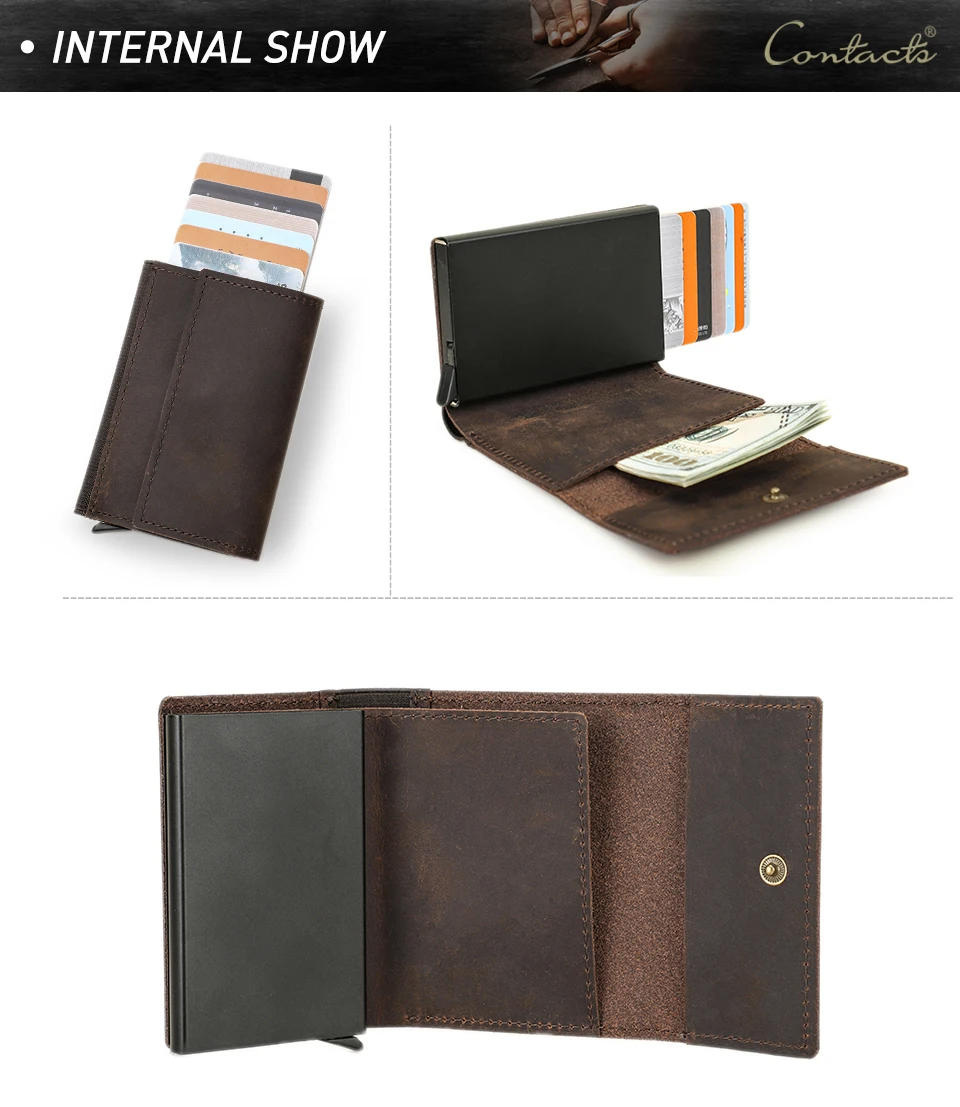Genuine Leather RFID Credit Card Holder for Men Aluminium Box Travel Card Case Pop up Men Card Wallets Slim Money Clips