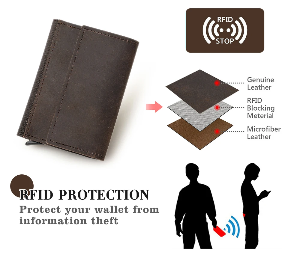 Genuine Leather RFID Credit Card Holder for Men Aluminium Box Travel Card Case Pop up Men Card Wallets Slim Money Clips