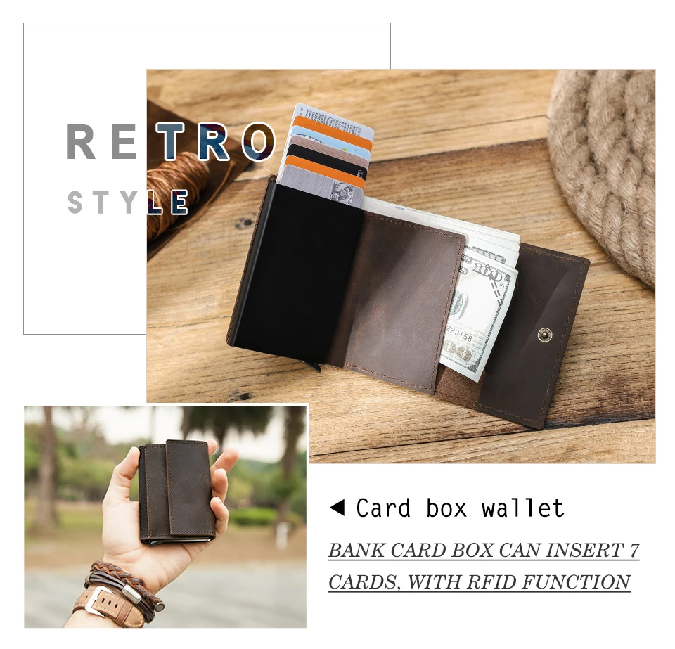 Genuine Leather RFID Credit Card Holder for Men Aluminium Box Travel Card Case Pop up Men Card Wallets Slim Money Clips