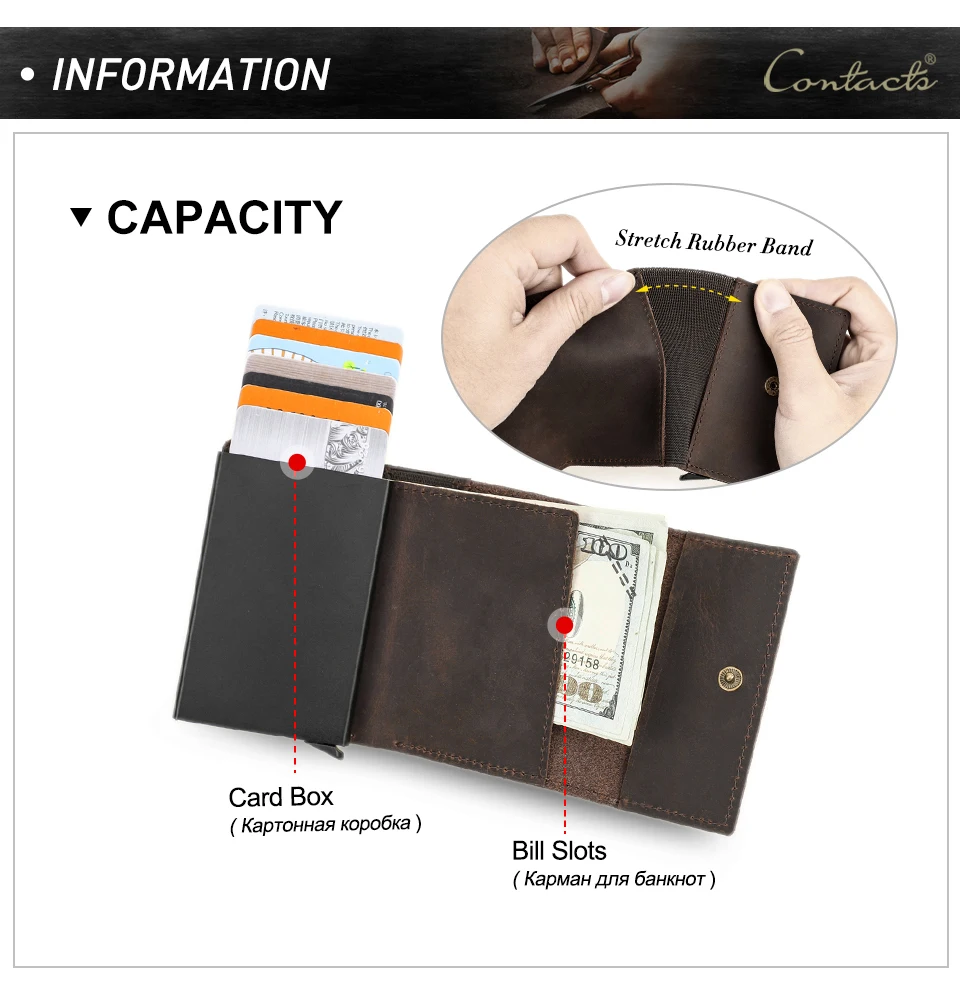 Genuine Leather RFID Credit Card Holder for Men Aluminium Box Travel Card Case Pop up Men Card Wallets Slim Money Clips