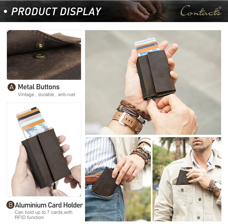 Genuine Leather RFID Credit Card Holder for Men Aluminium Box Travel Card Case Pop up Men Card Wallets Slim Money Clips