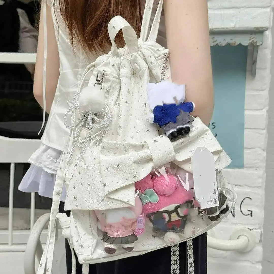 New Y2K Ballet Bow Drawstring Ita Backpack Cute Girl Transparent Knapsack Large Capacity DIY Doll Display Star Dots Shoulder Bag