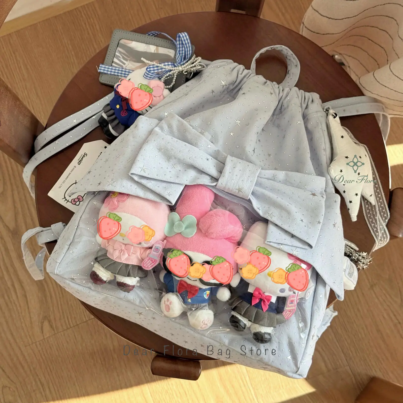 New Y2K Ballet Bow Drawstring Ita Backpack Cute Girl Transparent Knapsack Large Capacity DIY Doll Display Star Dots Shoulder Bag