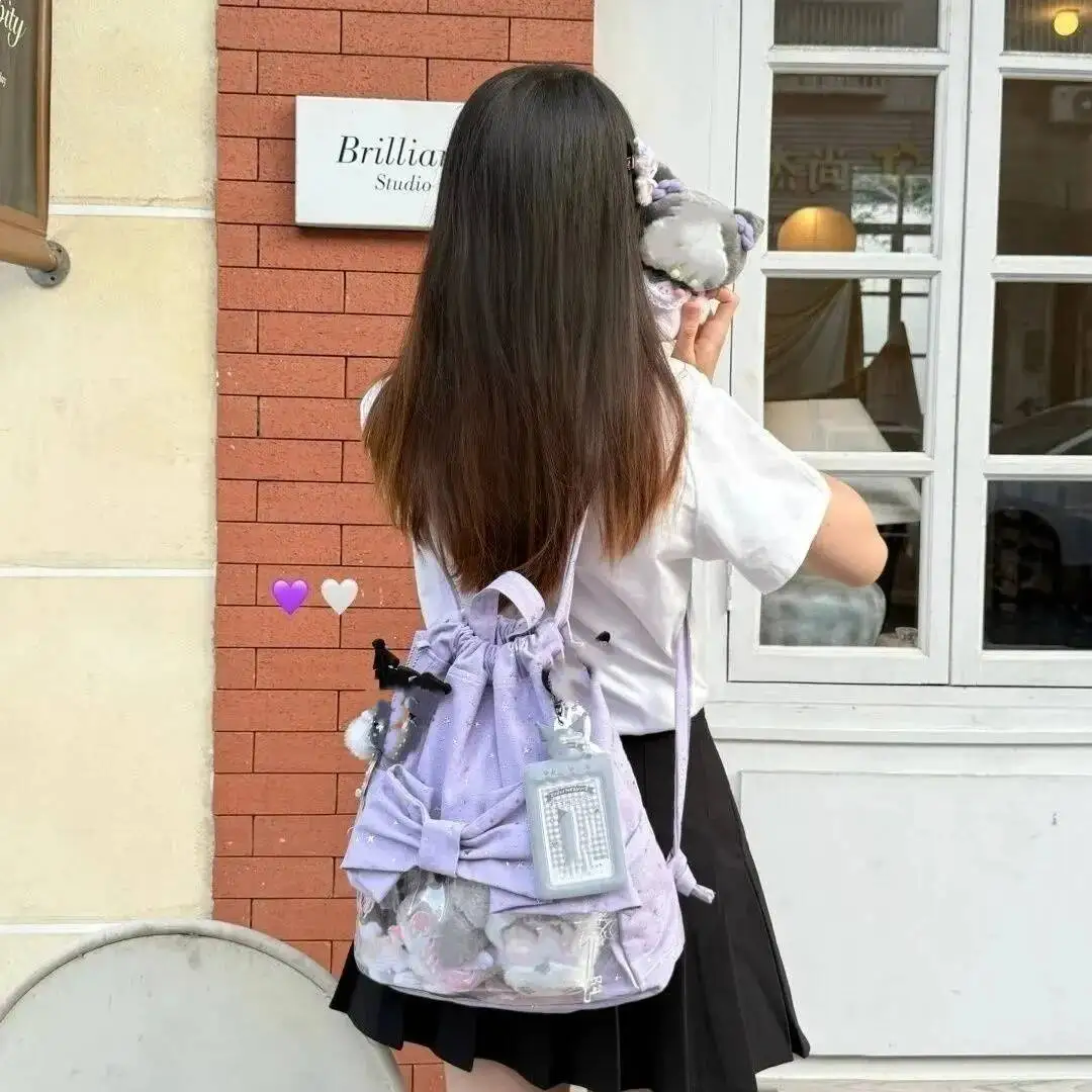 New Y2K Ballet Bow Drawstring Ita Backpack Cute Girl Transparent Knapsack Large Capacity DIY Doll Display Star Dots Shoulder Bag