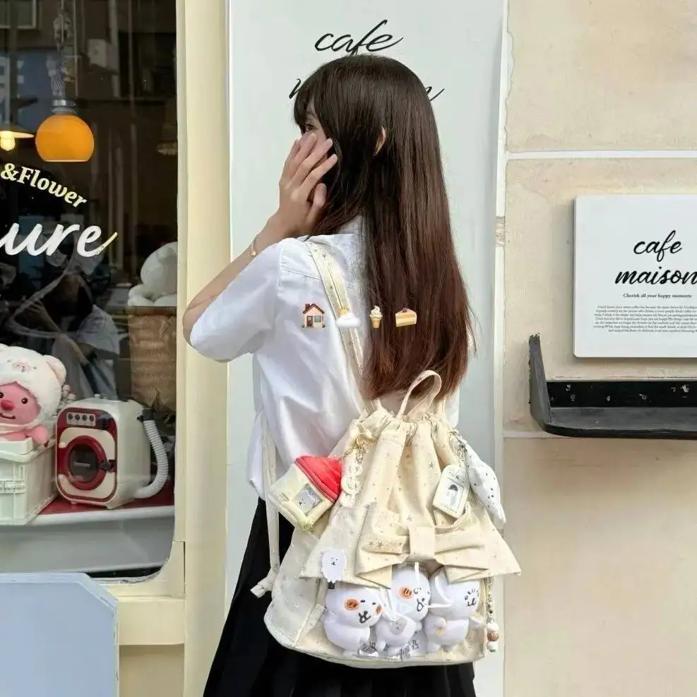 New Y2K Ballet Bow Drawstring Ita Backpack Cute Girl Transparent Knapsack Large Capacity DIY Doll Display Star Dots Shoulder Bag