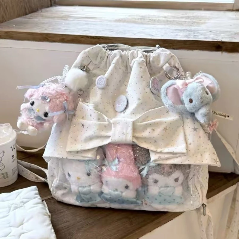 New Y2K Ballet Bow Drawstring Ita Backpack Cute Girl Transparent Knapsack Large Capacity DIY Doll Display Star Dots Shoulder Bag