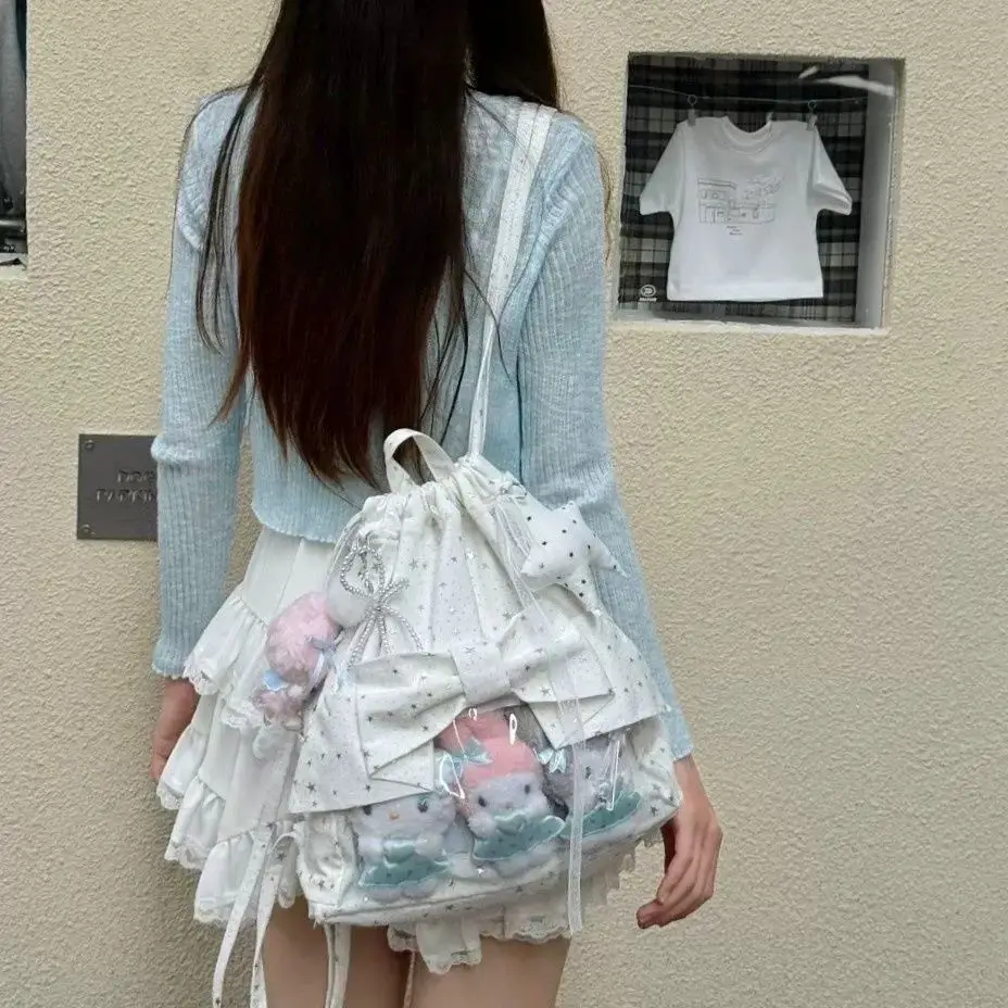 New Y2K Ballet Bow Drawstring Ita Backpack Cute Girl Transparent Knapsack Large Capacity DIY Doll Display Star Dots Shoulder Bag