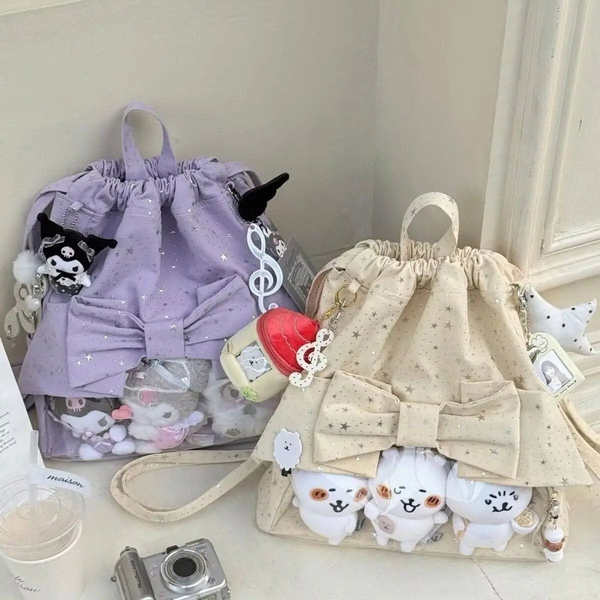 New Y2K Ballet Bow Drawstring Ita Backpack Cute Girl Transparent Knapsack Large Capacity DIY Doll Display Star Dots Shoulder Bag