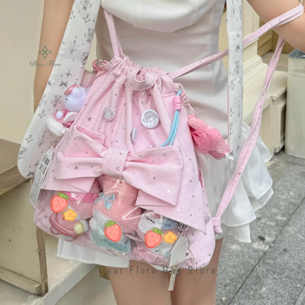 New Y2K Ballet Bow Drawstring Ita Backpack Cute Girl Transparent Knapsack Large Capacity DIY Doll Display Star Dots Shoulder Bag