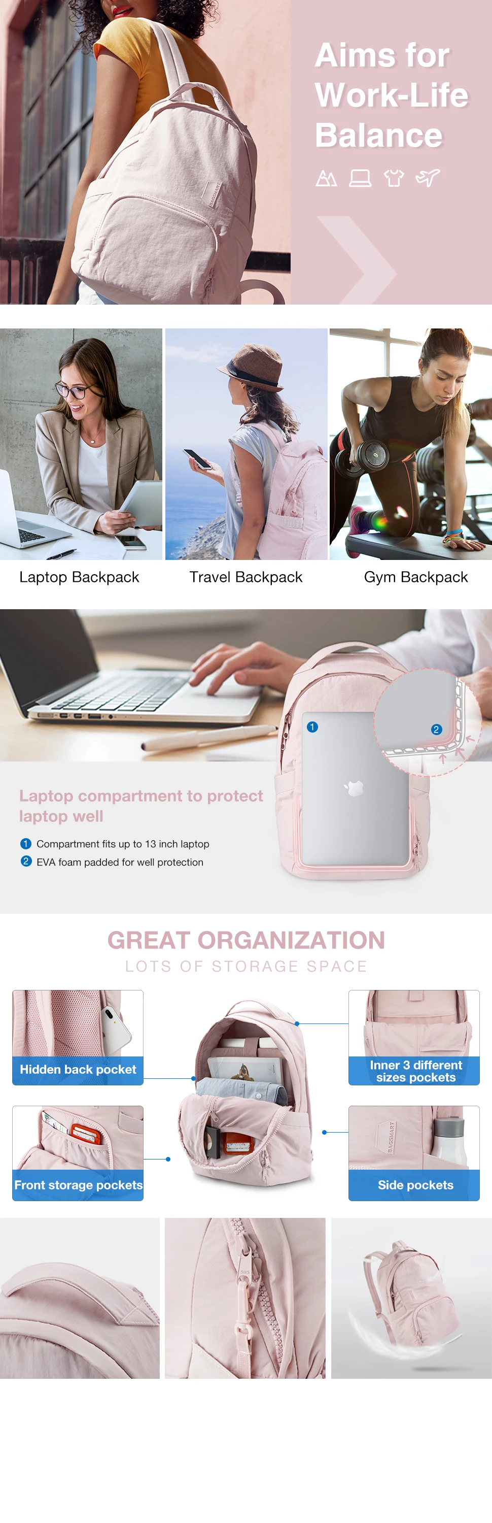 BAGSMART Women's Backpack 13 Inch Laptop Bag Cute Kawaii School Backpack Anti Theft Waterproof Nylon School Bag for Girls