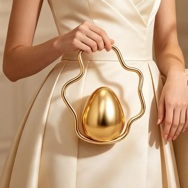 Egg Shape Wave Metal Ring Handle Evening Clutch Bag Fashion Banquet Party Handbag Elegant Wedding Purse Designer Chic Wristlet