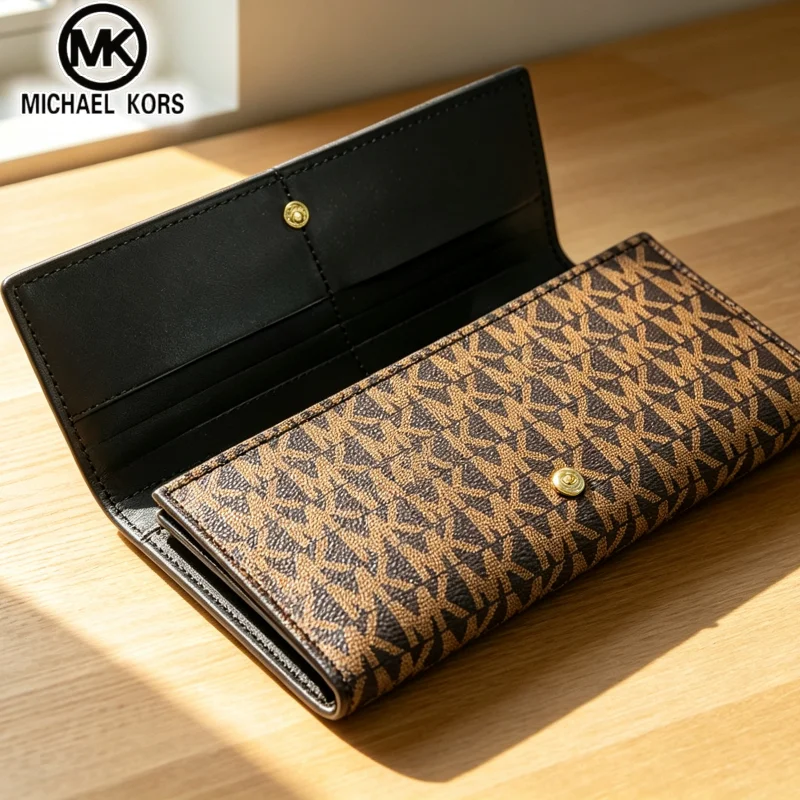 Michael Kors Women's Fashion and Leisure Long Wallet MK Classic Old Flower Letter Three Fold Multi Slot Wallet Card Bag