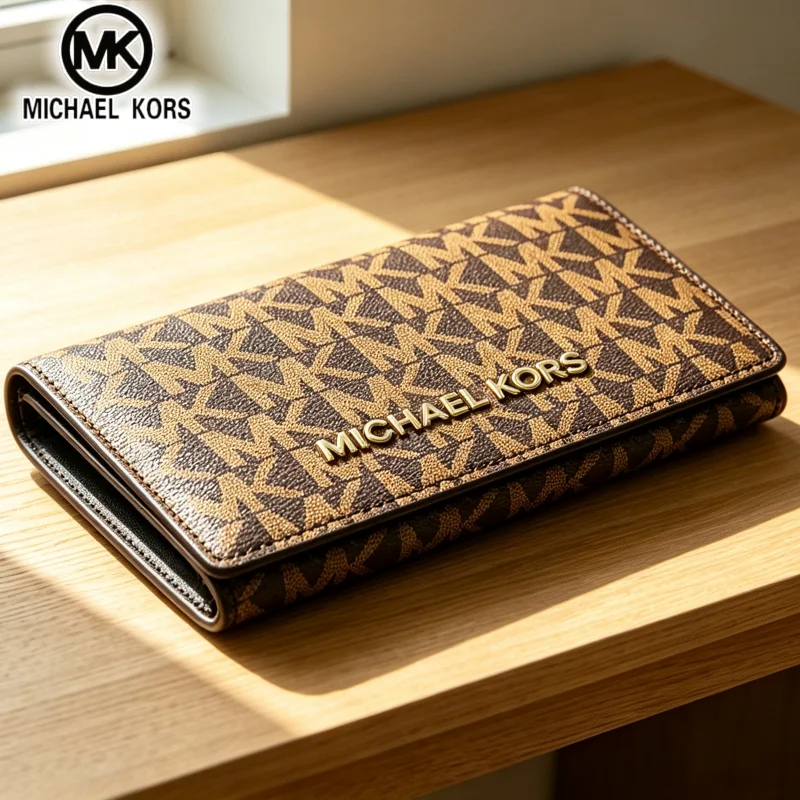 Michael Kors Women's Fashion and Leisure Long Wallet MK Classic Old Flower Letter Three Fold Multi Slot Wallet Card Bag