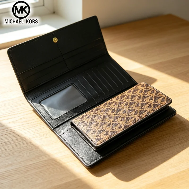 Michael Kors Women's Fashion and Leisure Long Wallet MK Classic Old Flower Letter Three Fold Multi Slot Wallet Card Bag