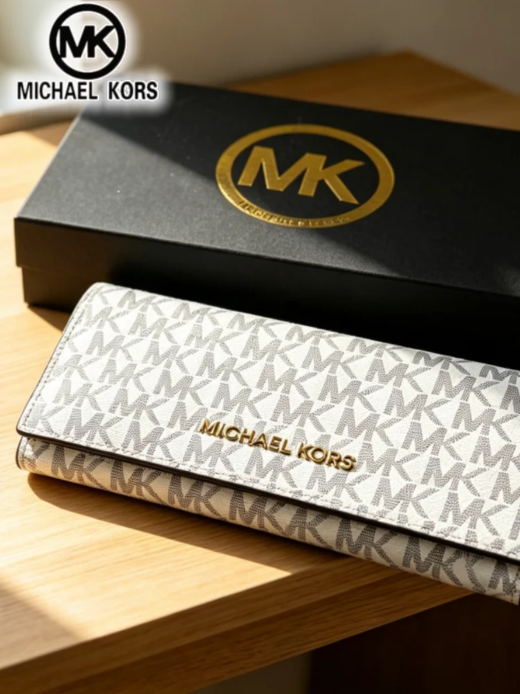 Michael Kors Women's Fashion and Leisure Long Wallet MK Classic Old Flower Letter Three Fold Multi Slot Wallet Card Bag