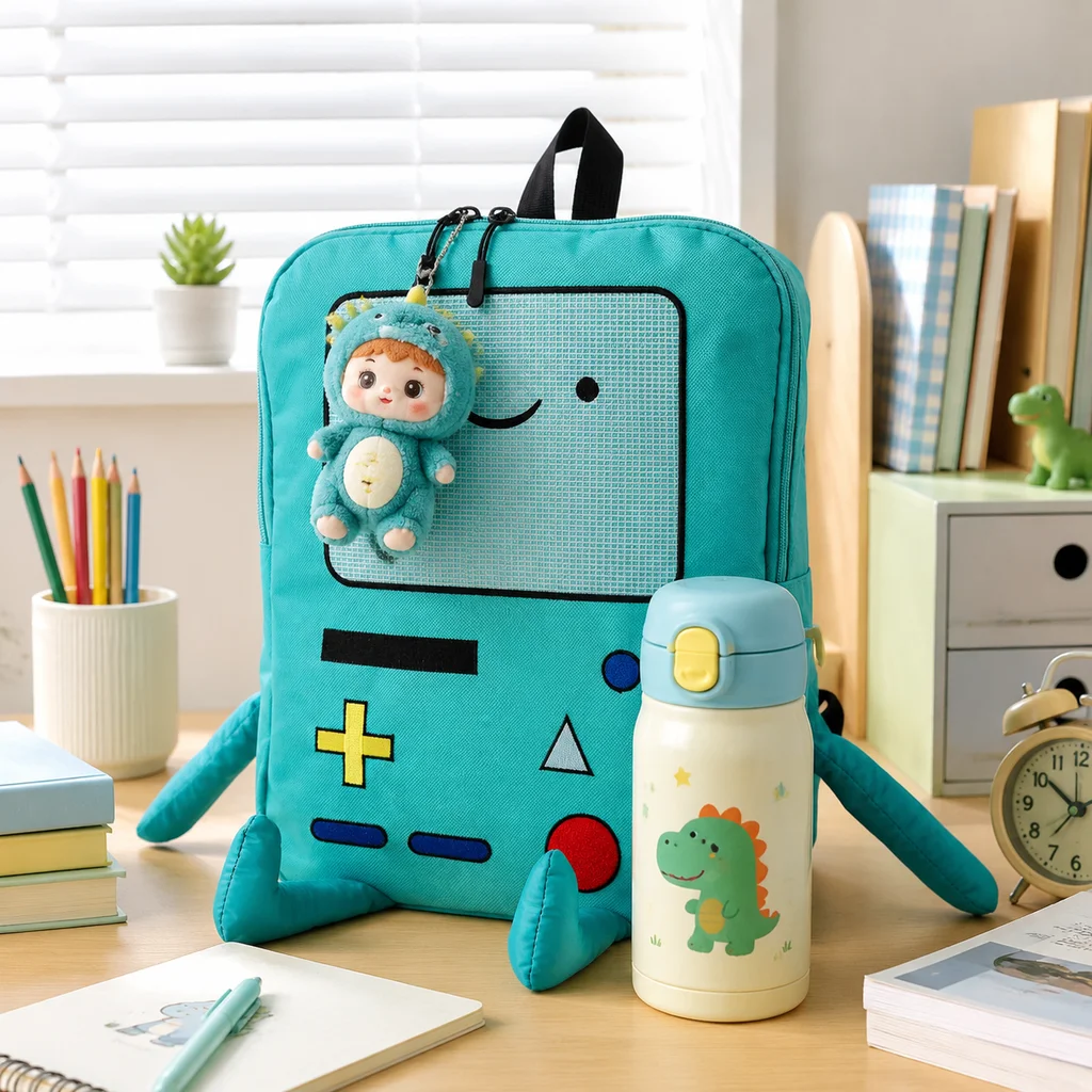 14 Inch Large Capacity 3D Robot Cartoon Canvas Backpack Kawaii Unisex Student School Bag with Breathable Back Panel