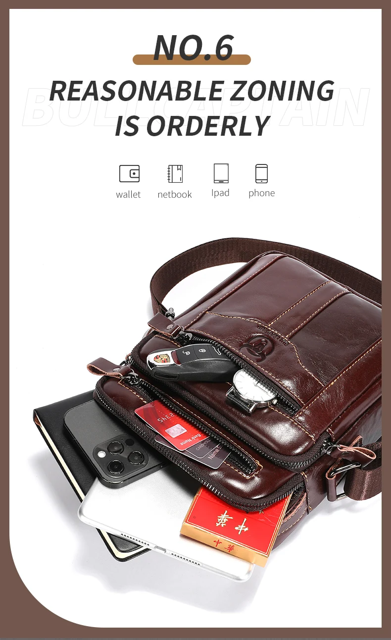 BULLCAPTAIN Men's Genuine Leather Shoulder Crossbody Bag Business 7.9-inch Tablet Bag Multifunctional Portable Envelope Bag
