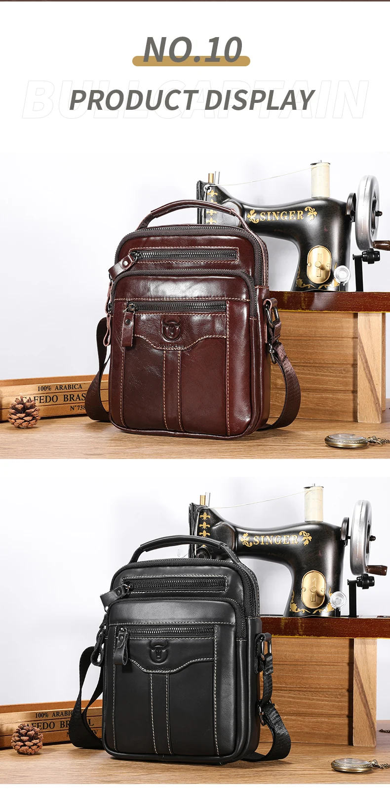 BULLCAPTAIN Men's Genuine Leather Shoulder Crossbody Bag Business 7.9-inch Tablet Bag Multifunctional Portable Envelope Bag