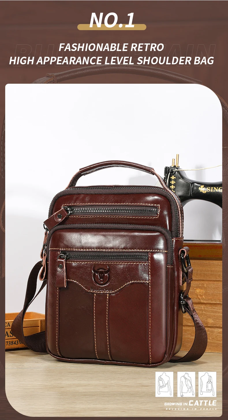 BULLCAPTAIN Men's Genuine Leather Shoulder Crossbody Bag Business 7.9-inch Tablet Bag Multifunctional Portable Envelope Bag