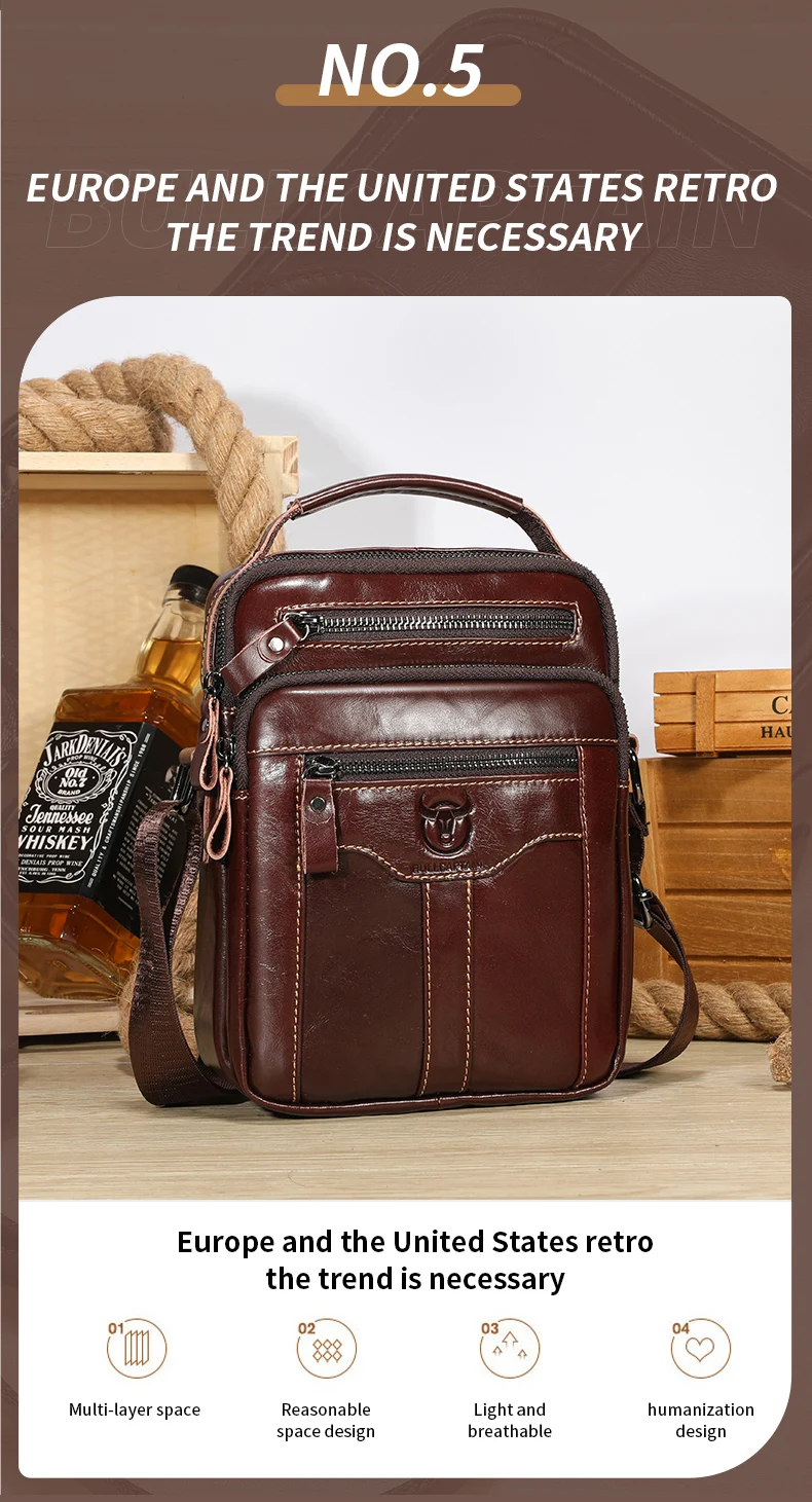 BULLCAPTAIN Men's Genuine Leather Shoulder Crossbody Bag Business 7.9-inch Tablet Bag Multifunctional Portable Envelope Bag
