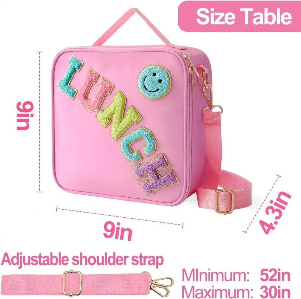 Smiley face embroidered insulated lunch bag, crossbody and hand-carry dual-use student lunch storage bag, large capacity waterpr