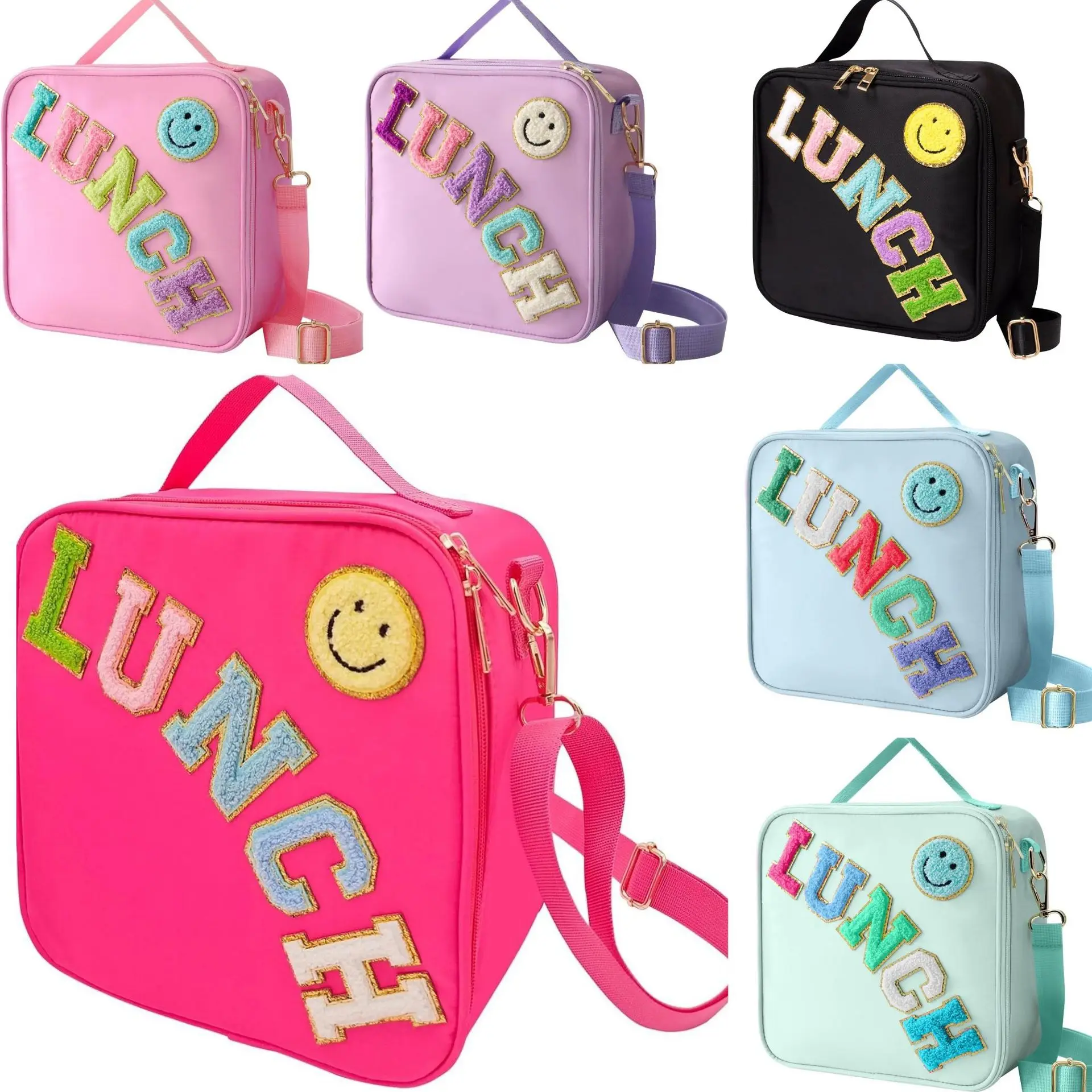 Smiley face embroidered insulated lunch bag, crossbody and hand-carry dual-use student lunch storage bag, large capacity waterpr