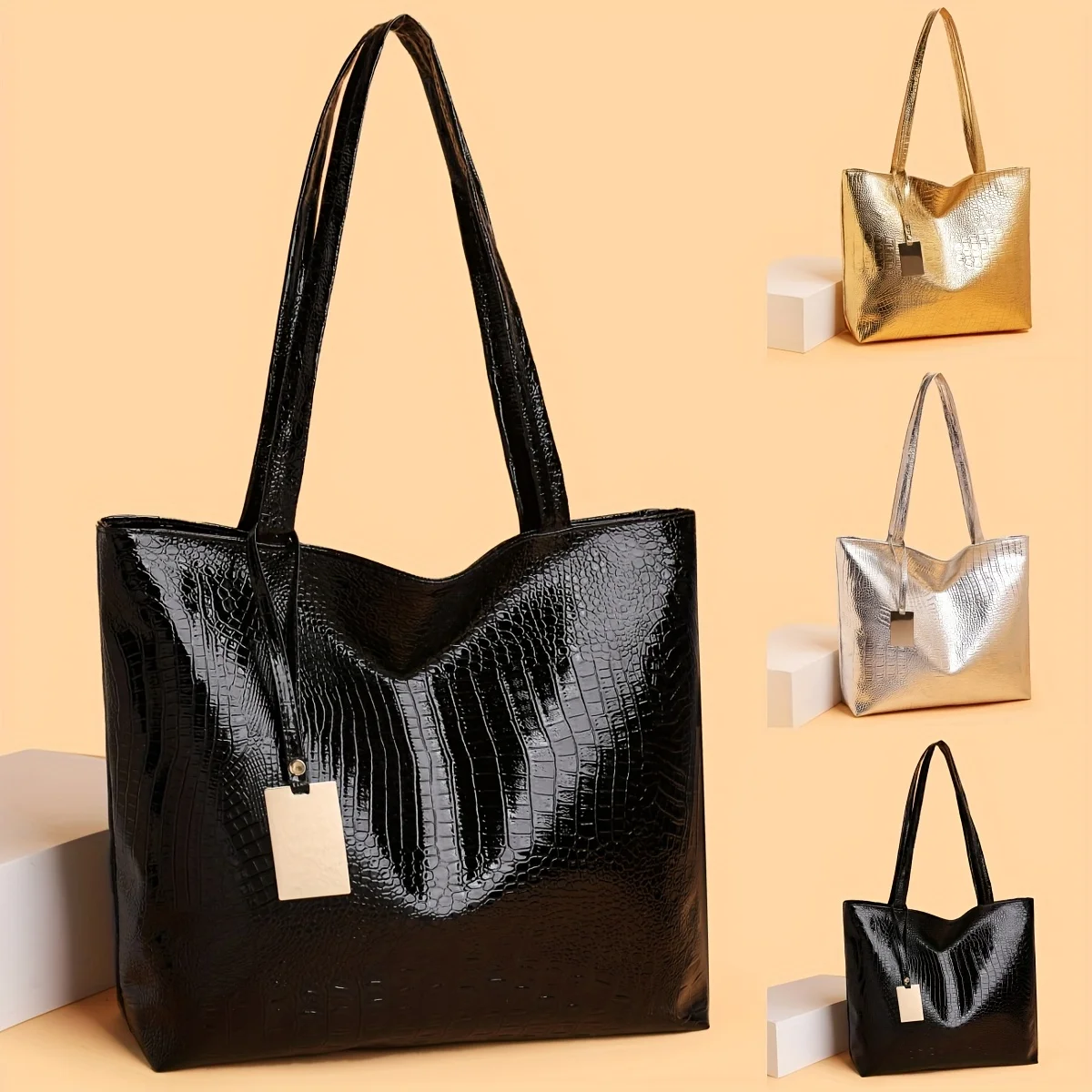 Vintage Women's Tote Bag, Large Capacity Handbag Shoulder Bag with Zipper Closure, Metallic Finish Handbags for Work, Parties