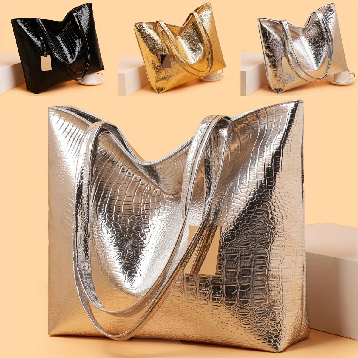 Vintage Women's Tote Bag, Large Capacity Handbag Shoulder Bag with Zipper Closure, Metallic Finish Handbags for Work, Parties