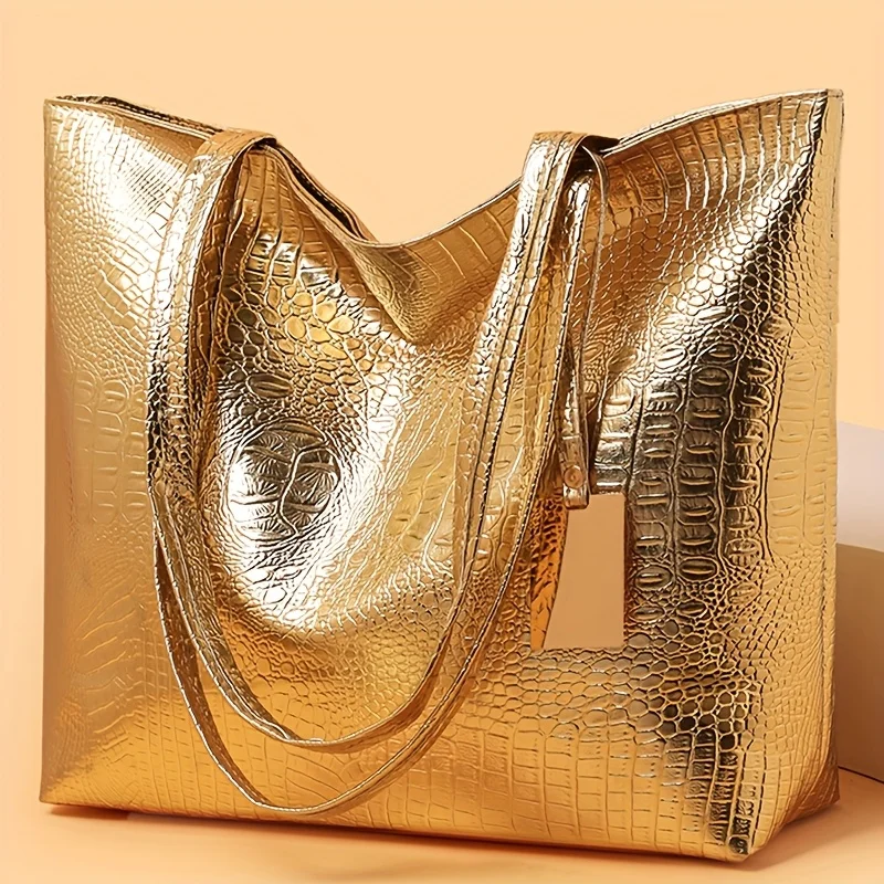 Vintage Women's Tote Bag, Large Capacity Handbag Shoulder Bag with Zipper Closure, Metallic Finish Handbags for Work, Parties