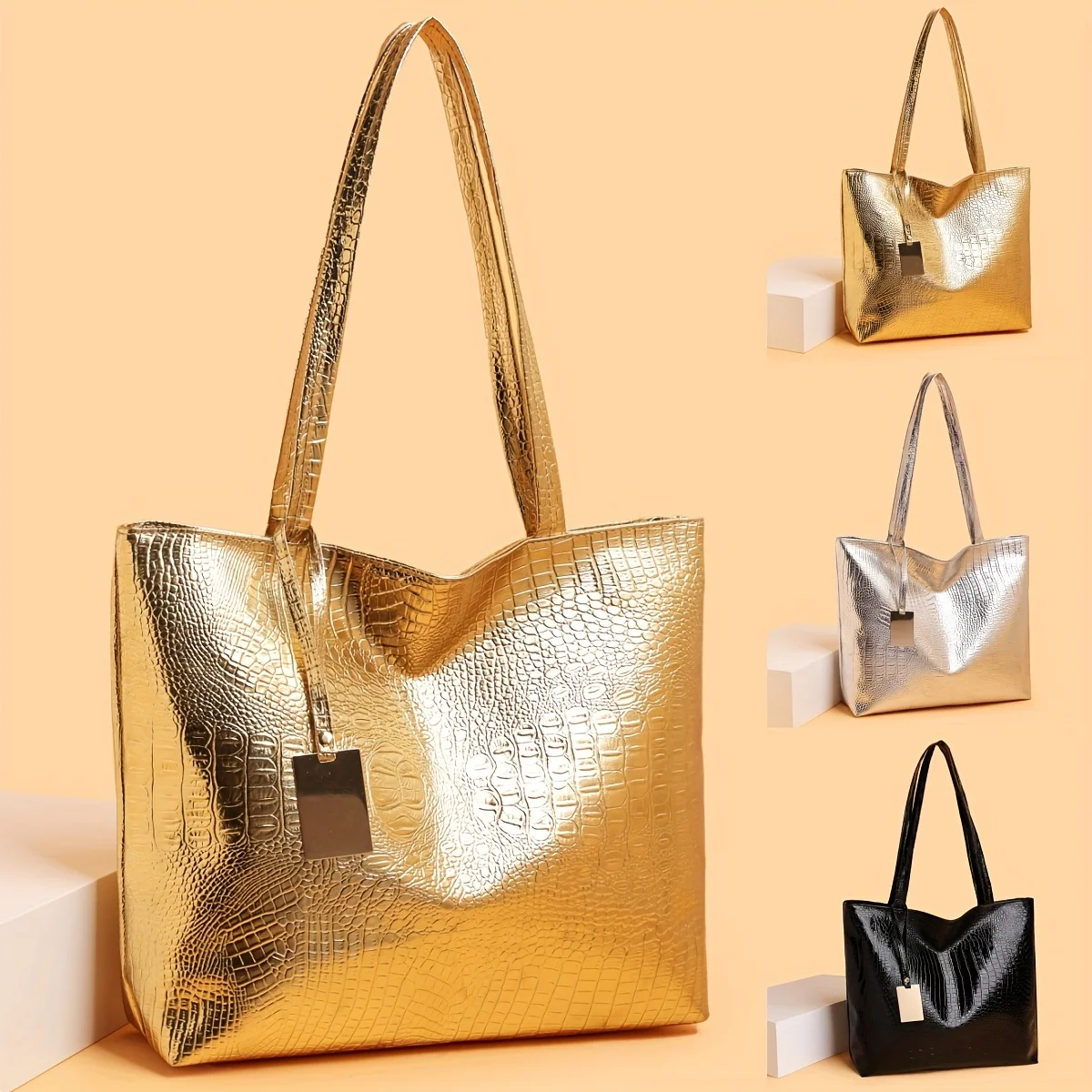 Vintage Women's Tote Bag, Large Capacity Handbag Shoulder Bag with Zipper Closure, Metallic Finish Handbags for Work, Parties