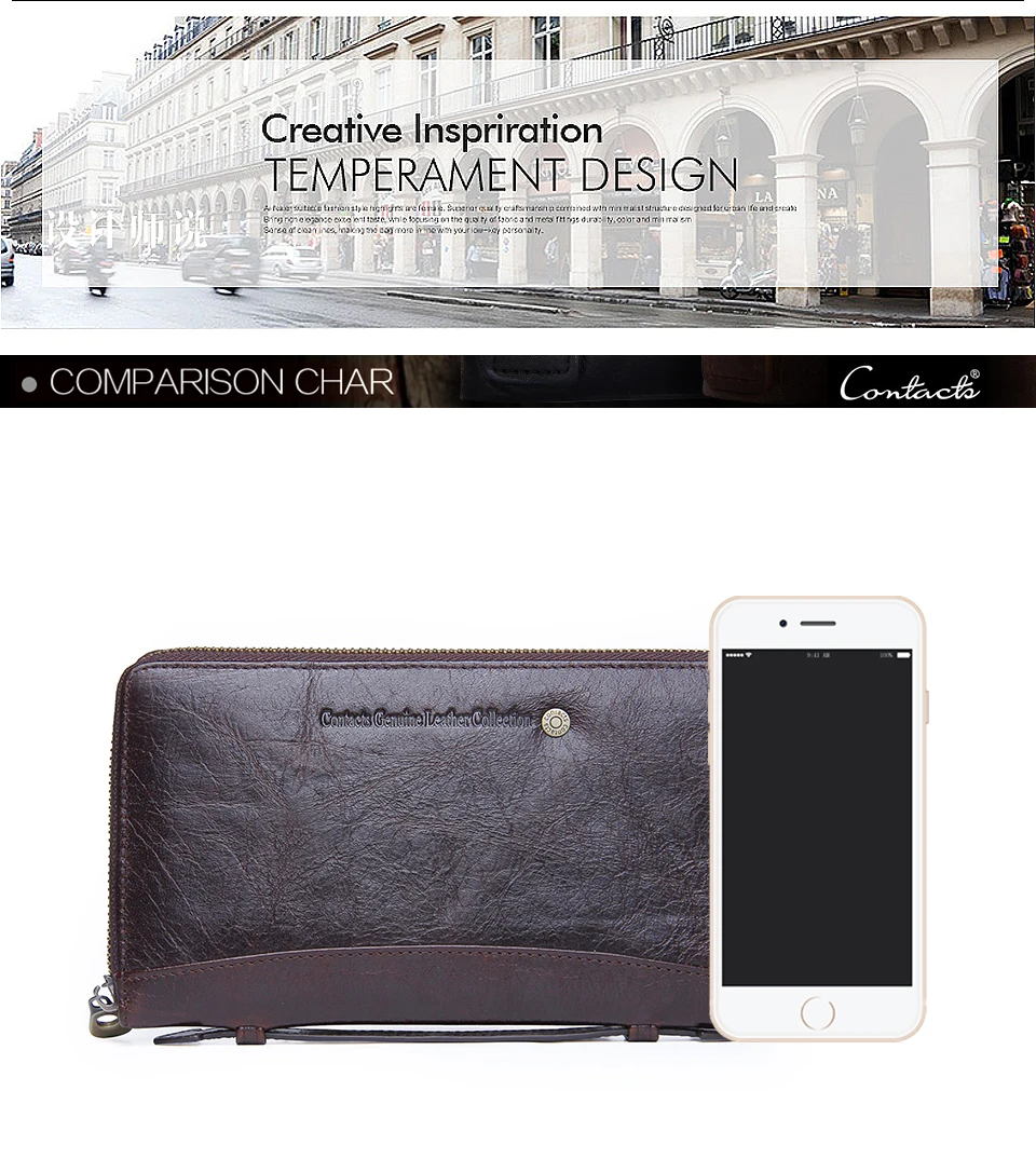 Genuine Leather Men Clutch Wallet  Brand Male Card Holder Long  Zipper Around Travel Purse With Passport Holder 6.5" Phone Case