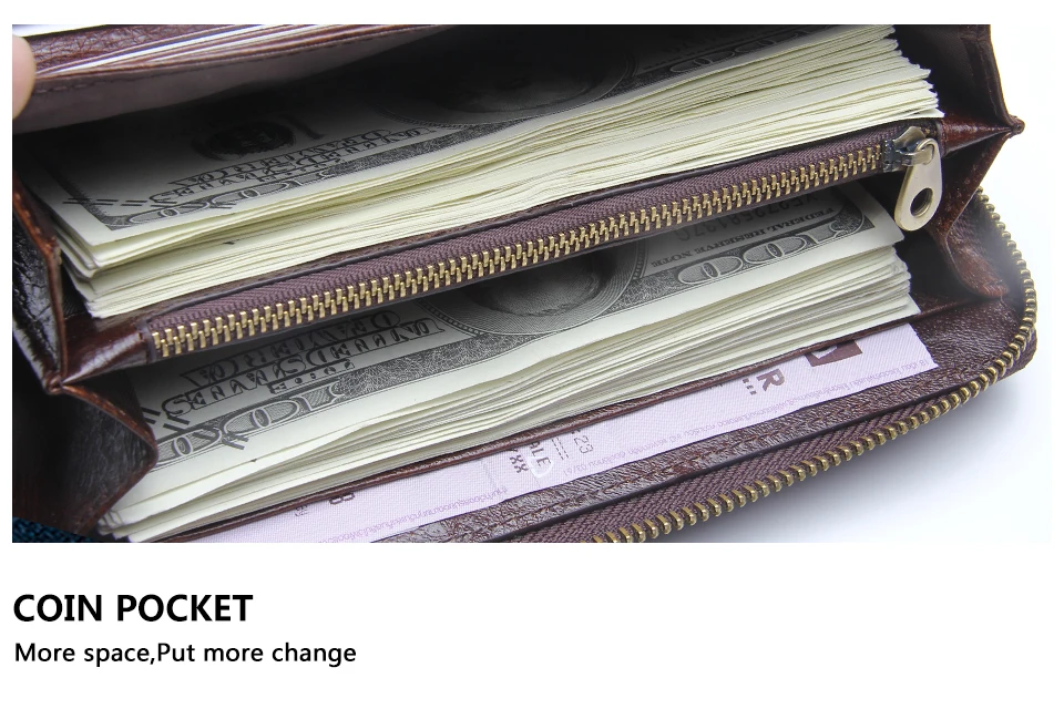 Genuine Leather Men Clutch Wallet  Brand Male Card Holder Long  Zipper Around Travel Purse With Passport Holder 6.5" Phone Case