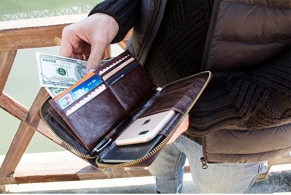 Genuine Leather Men Clutch Wallet  Brand Male Card Holder Long  Zipper Around Travel Purse With Passport Holder 6.5" Phone Case