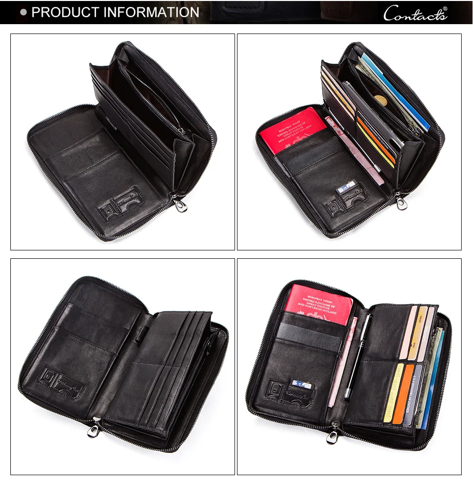 Genuine Leather Men Clutch Wallet  Brand Male Card Holder Long  Zipper Around Travel Purse With Passport Holder 6.5" Phone Case