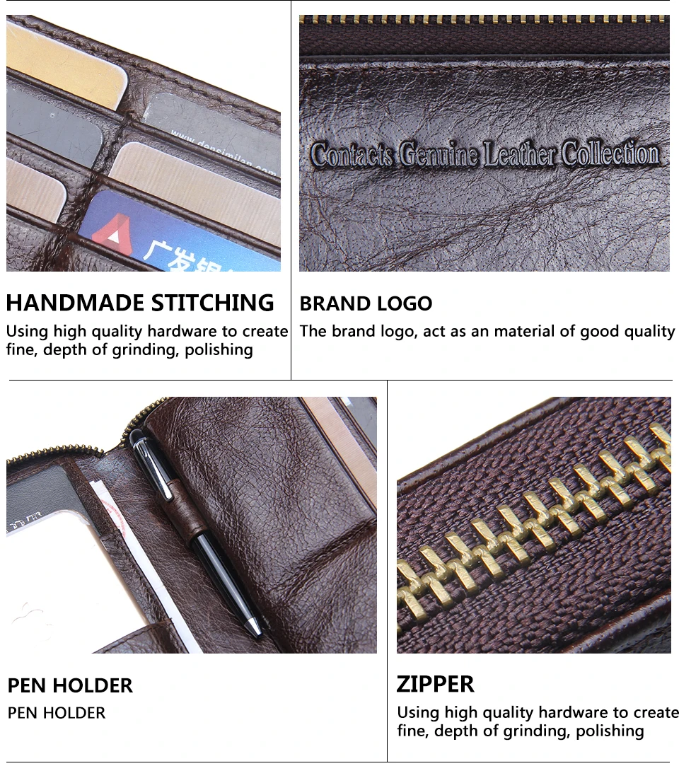 Genuine Leather Men Clutch Wallet  Brand Male Card Holder Long  Zipper Around Travel Purse With Passport Holder 6.5" Phone Case
